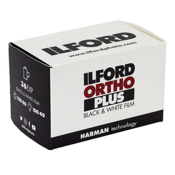 Ilford Ortho Plus 80 ISO black and white 35mm film box, 36 exposures, ideal for high-resolution photography.
