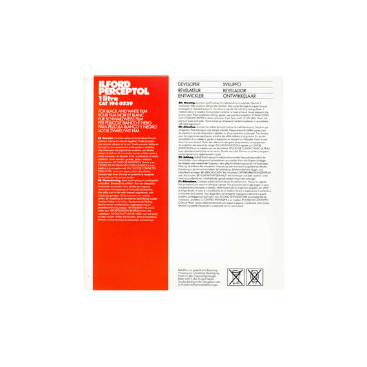 Ilford Perceptol Premium Black and White Film Developer Powder – 1 Liter packaging with product details and instructions.