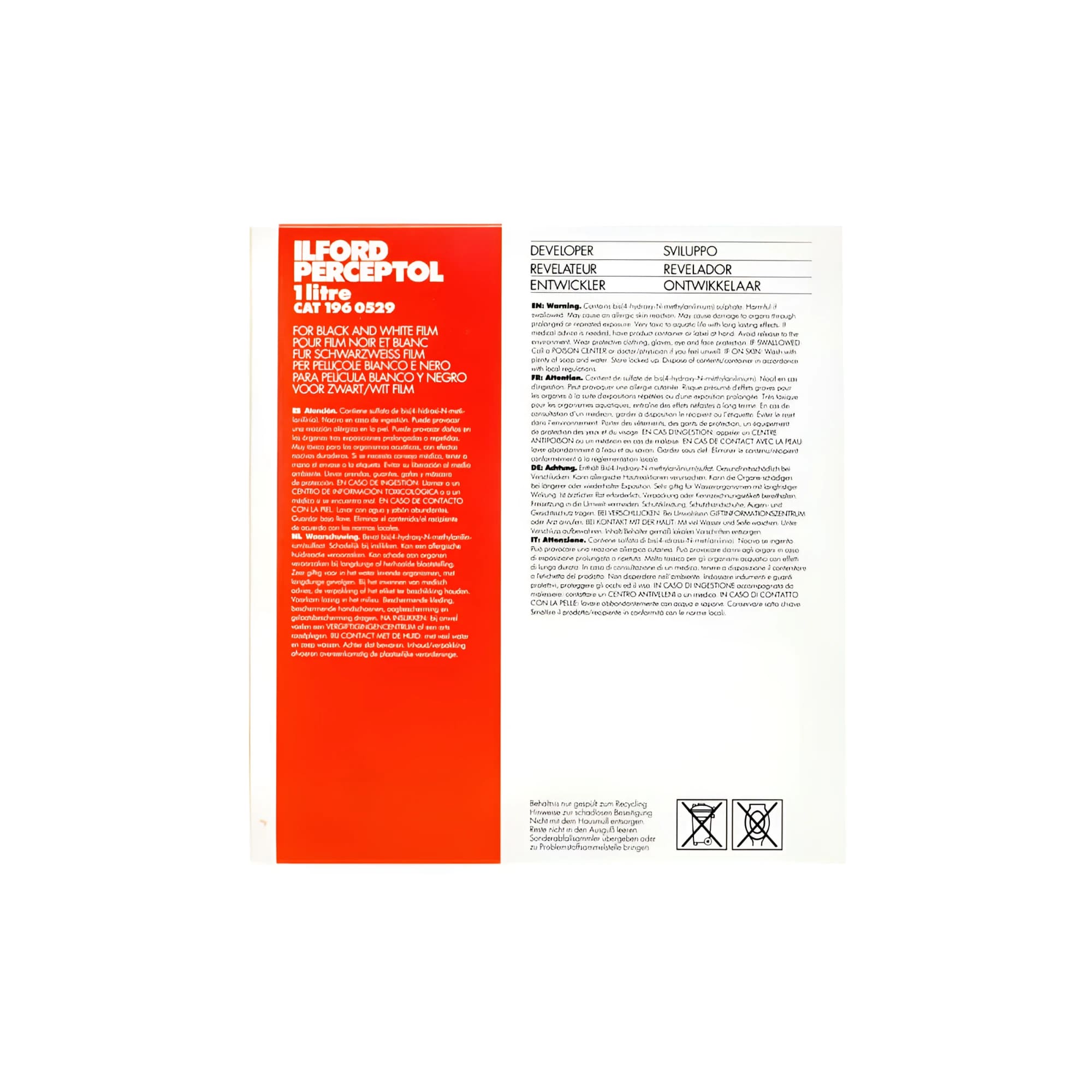 Orange and white label for ilford perceptol 1ltr developer.