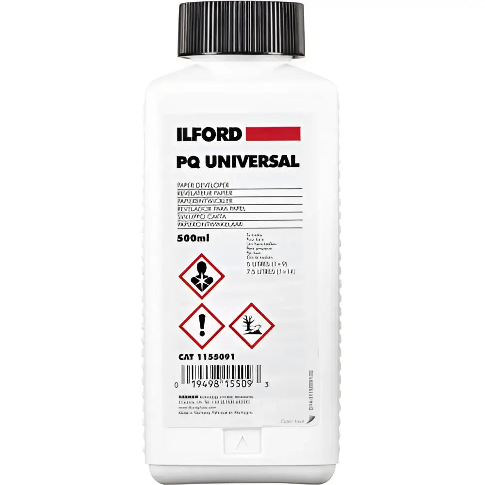 White plastic bottle with black screw-on cap, labeled ’ilford pq universal’ in bold black text above a red horizontal stripe.