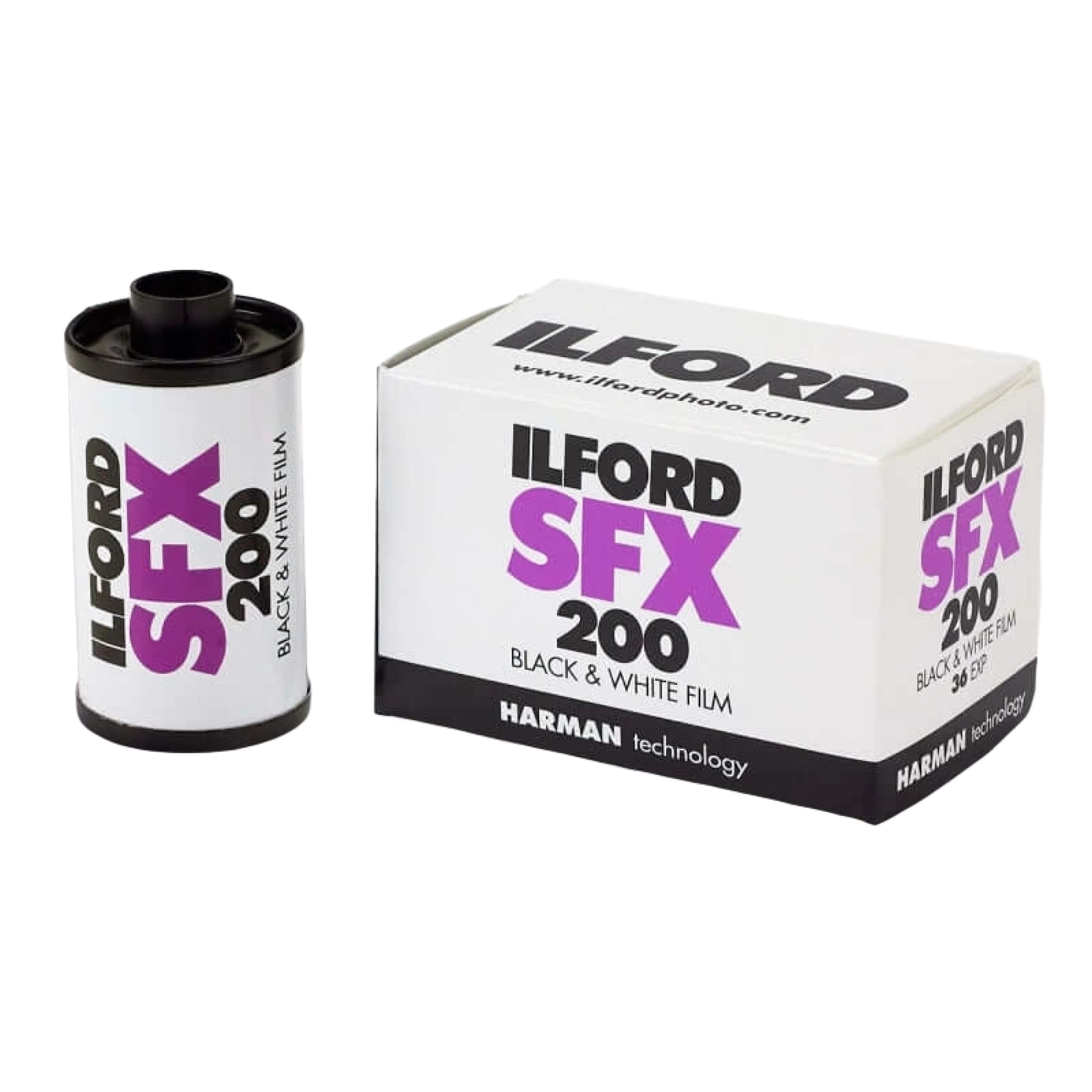 Ilford sfx 200 black and white film in a cylindrical canister with purple branding, displayed beside its matching white box.