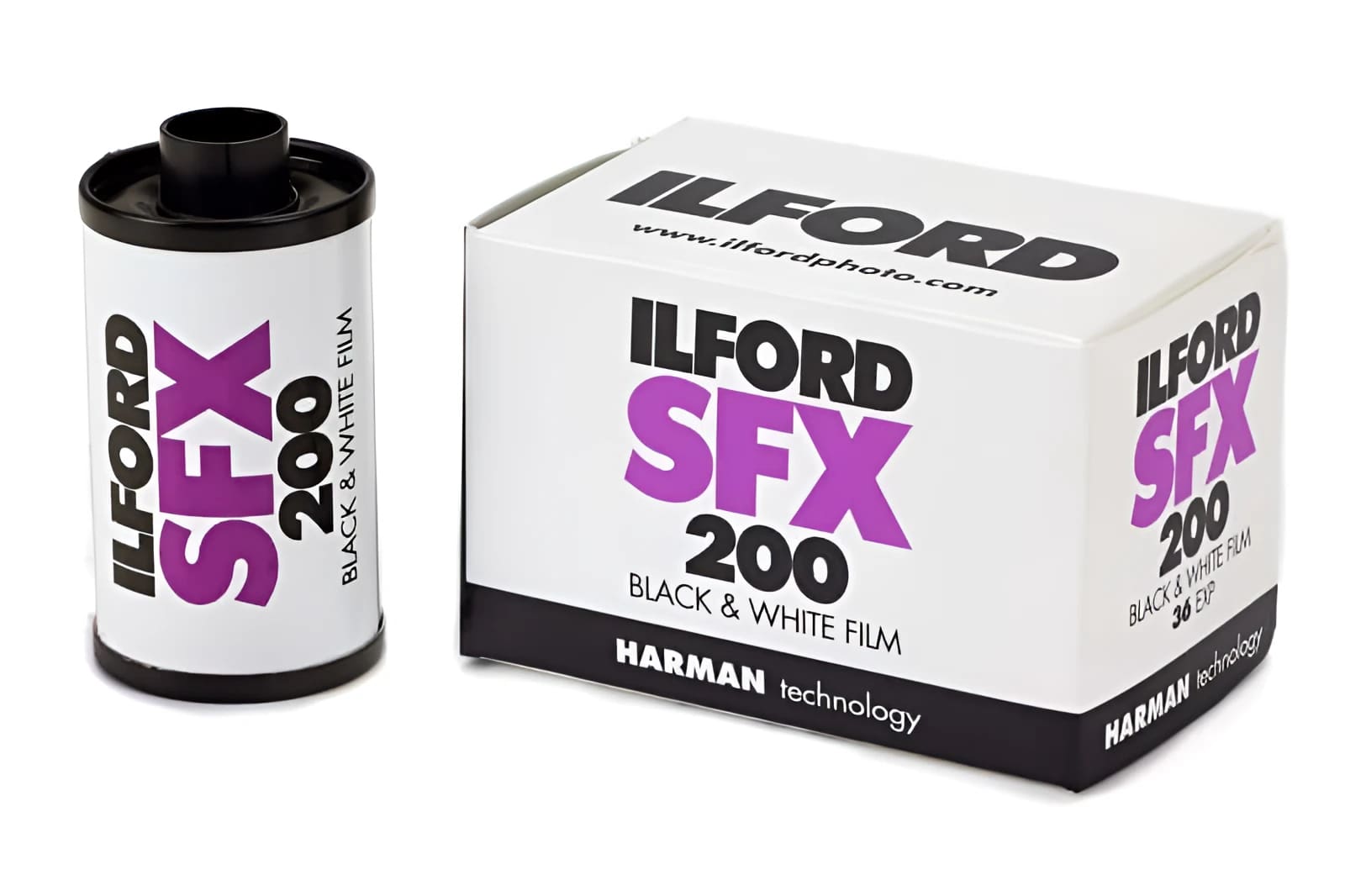 Ilford sfx 200 black and white film in a cylindrical canister with purple branding, displayed beside its matching white box.