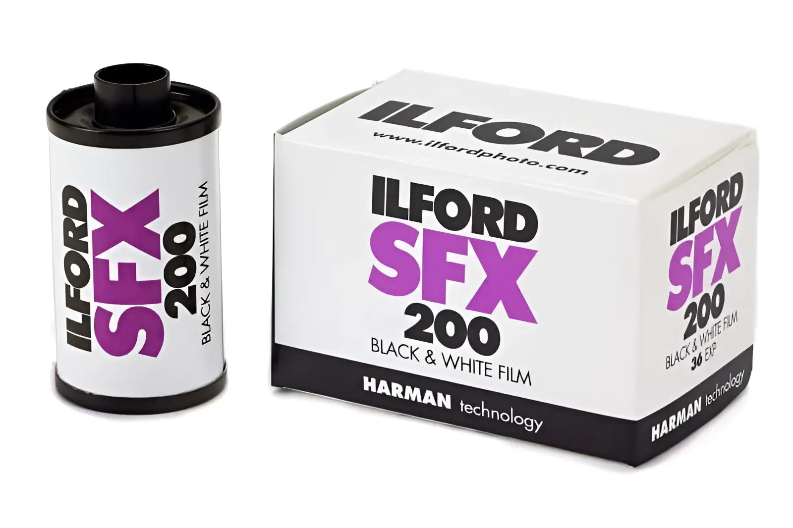 Ilford sfx 200 black and white film in a cylindrical canister with purple branding, displayed beside its matching white box.