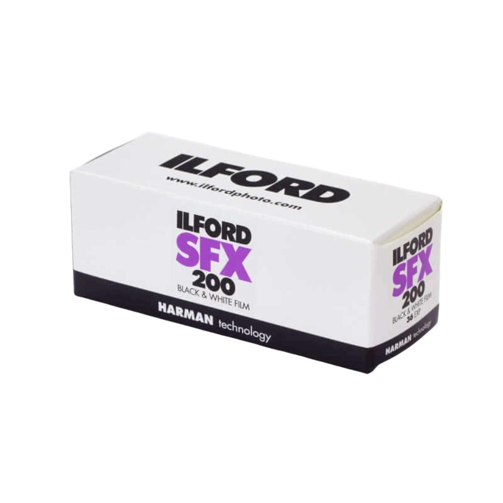 White rectangular box of ilford sfx 200 black & white film with purple and black text, featuring ’harman technology’ branding.