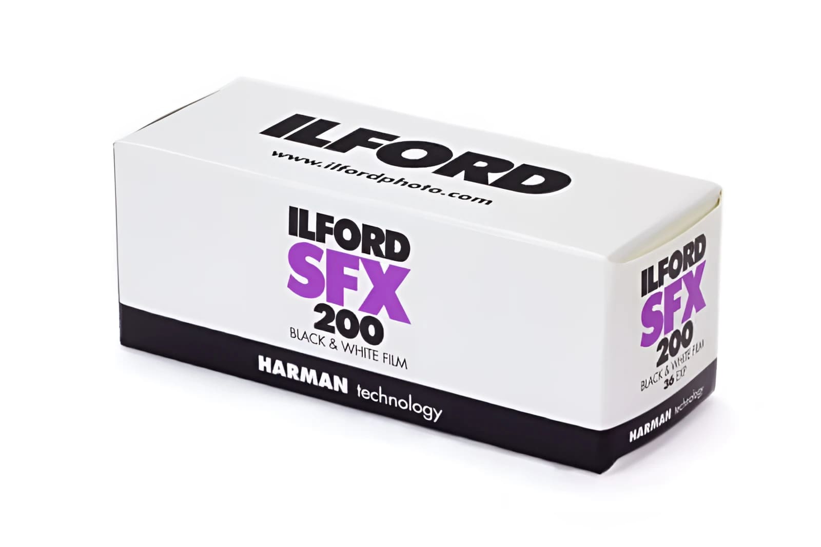 White rectangular box of ilford sfx 200 black & white film with purple and black text, featuring ’harman technology’ branding.