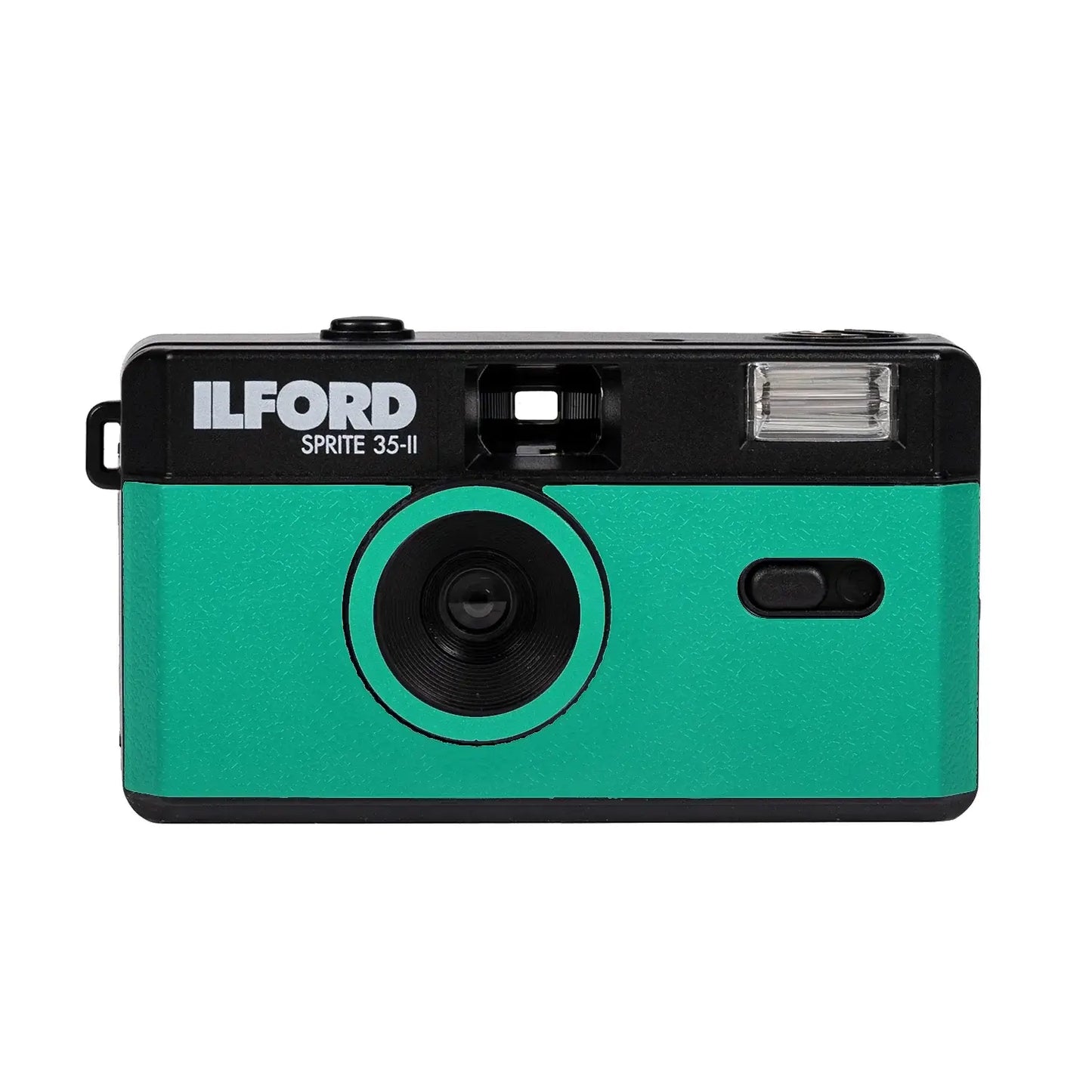 Ilford Sprite 35-II refillable 35mm analog film camera in teal and black, suitable for beginners and film enthusiasts.