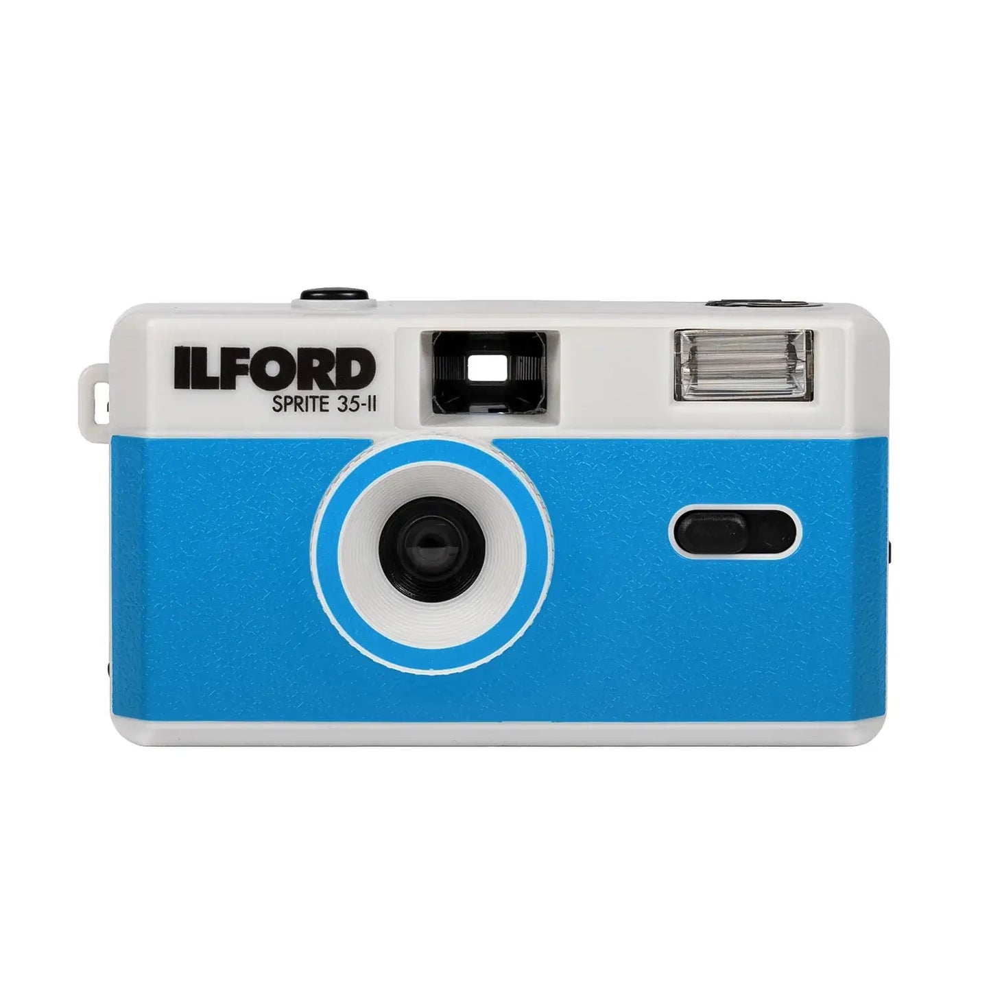 Ilford Sprite 35-II refillable 35mm analog film camera in blue and white.