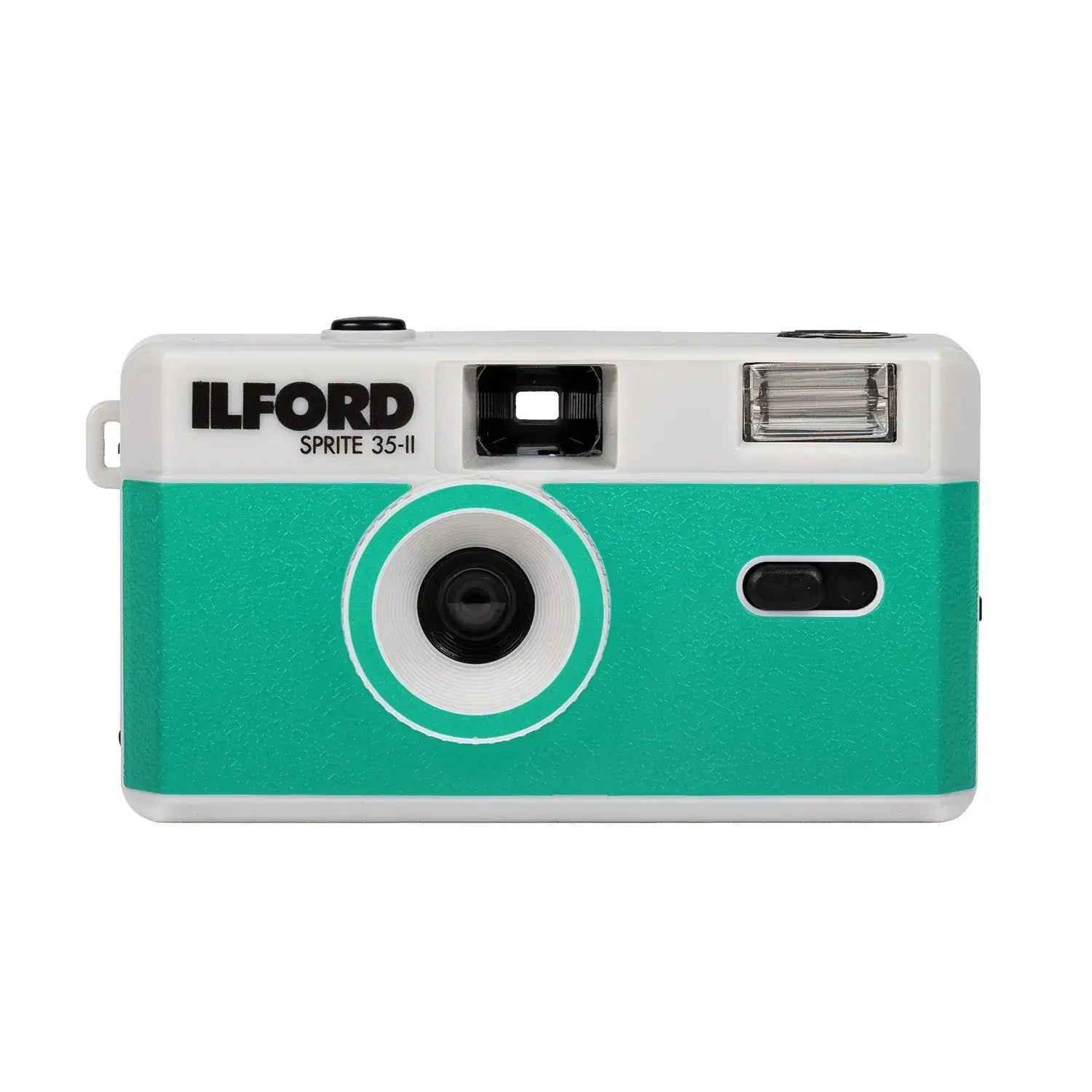 Ilford Sprite 35-II refillable analog film camera in teal and white, perfect for beginners and film enthusiasts.