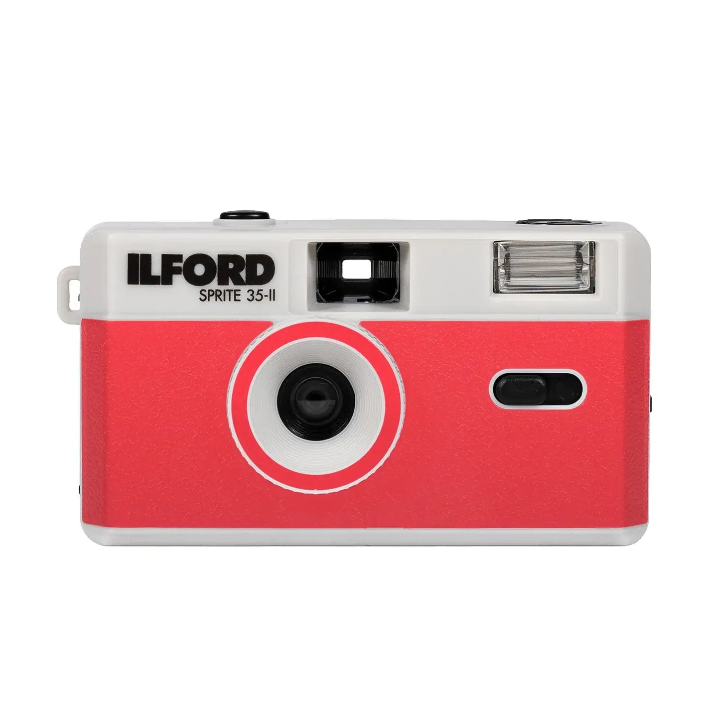 Ilford Sprite 35-II refillable 35mm analog film camera in vibrant red with fixed-focus lens and built-in flash.
