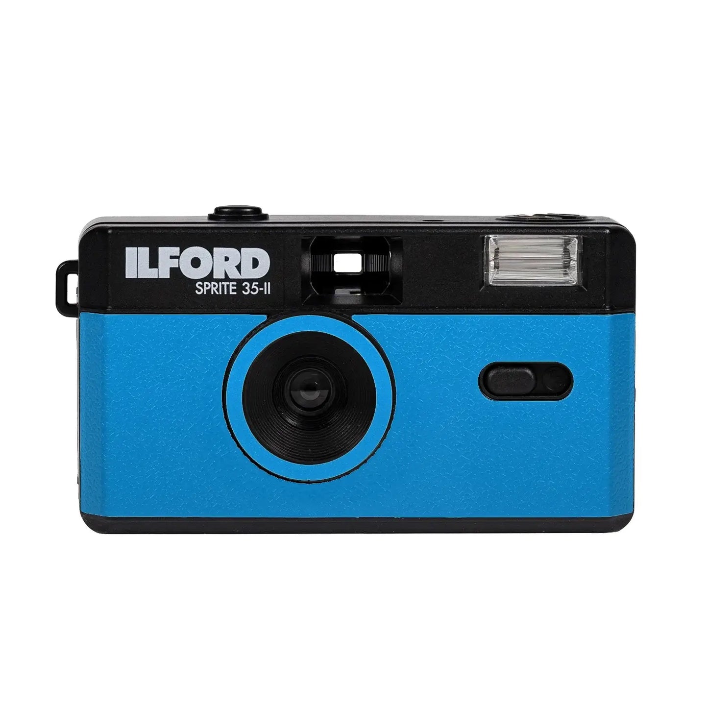 Ilford Sprite 35-II refillable 35mm analog film camera in blue with fixed lens and flash.