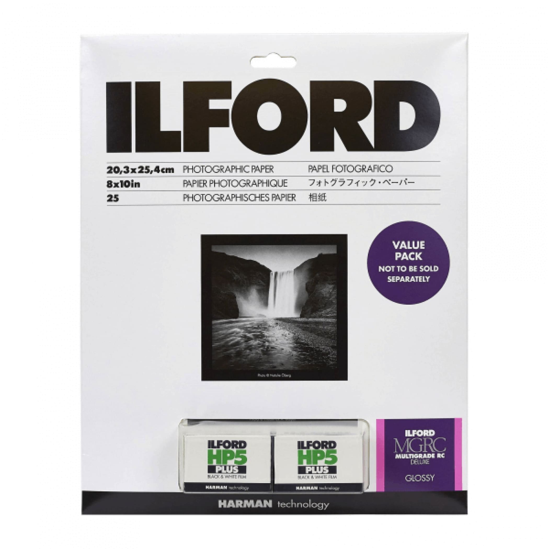 Ilford photographic paper pack featuring 25 sheets of glossy hp5 plus and ilford multigrade rc deluxe in a value pack.