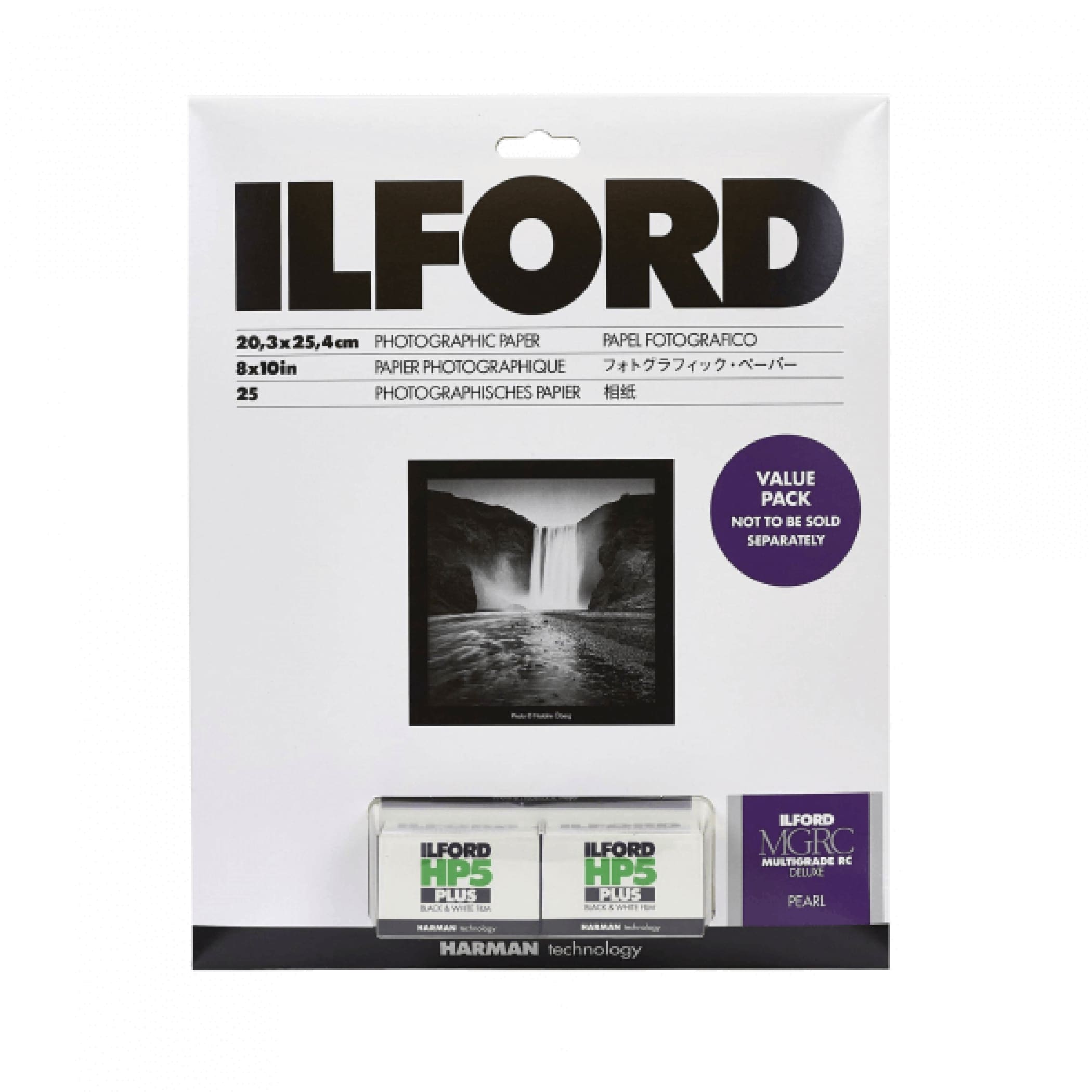 Ilford hp5 plus black-and-white photographic paper in a value pack with two rolls and an ilford mgrc pearl developer.