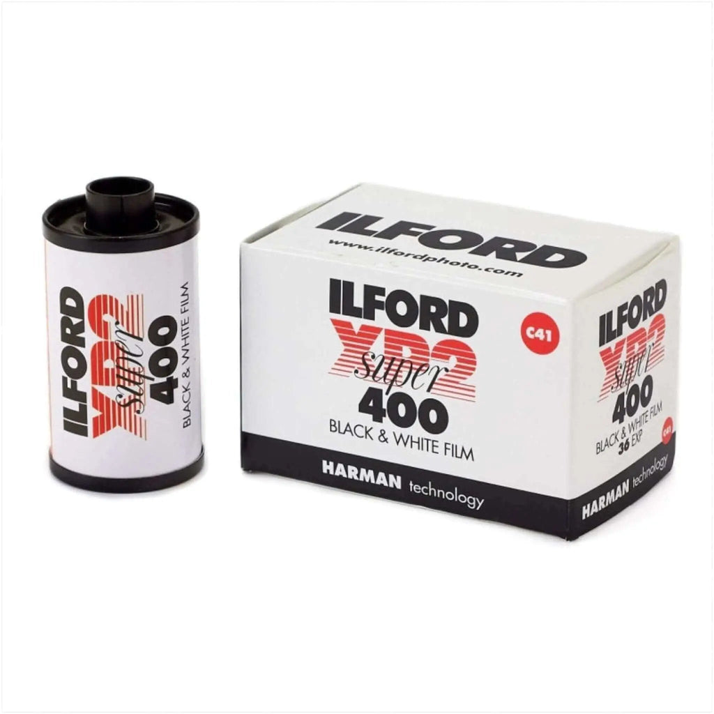 Ilford xp2 super 400 black and white film roll in a white box with red and black branding.