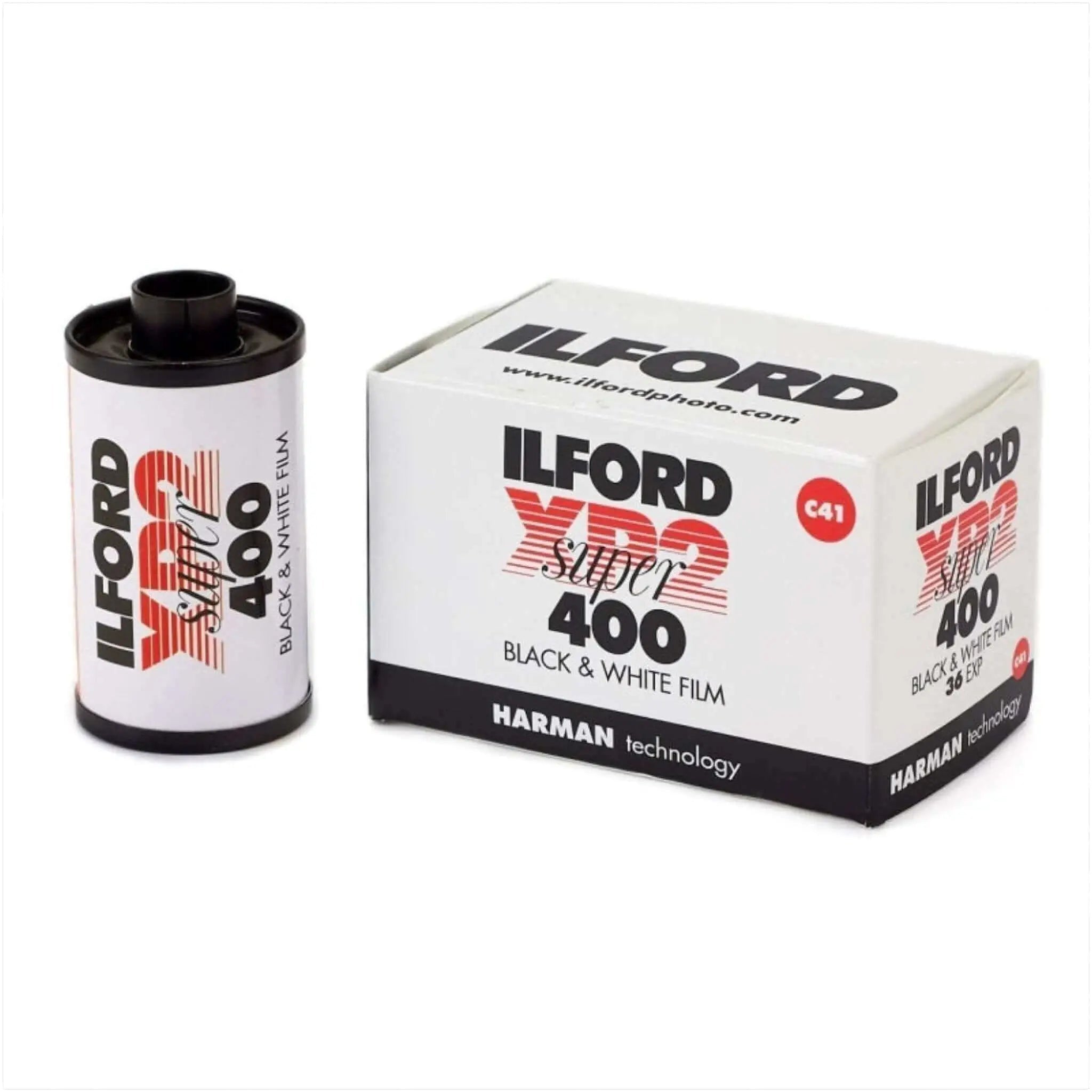 Ilford xp2 super 400 black and white film roll in a white box with red and black branding.