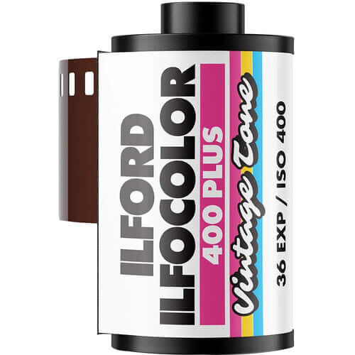 Ilford Ilfocolor 400 Plus Vintage Tone C41 35mm film roll showcasing vibrant packaging and ISO 400 rating.