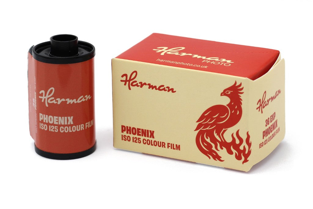 Harman Phoenix ISO 125 colour film 35mm 36 exposures — box and canister