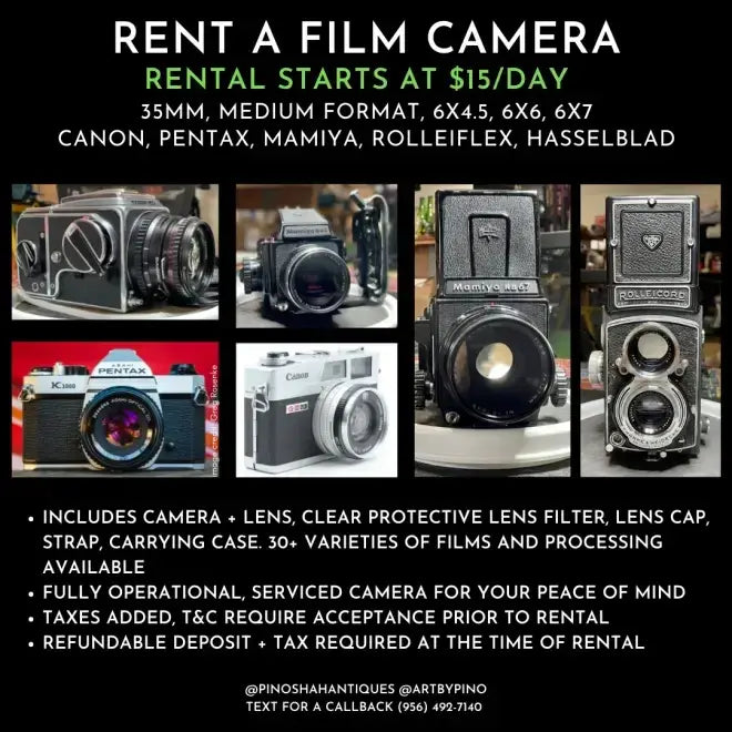 Vintage Canon, Pentax, Mamiya, Rolleiflex and Hasselblad film cameras for rentals