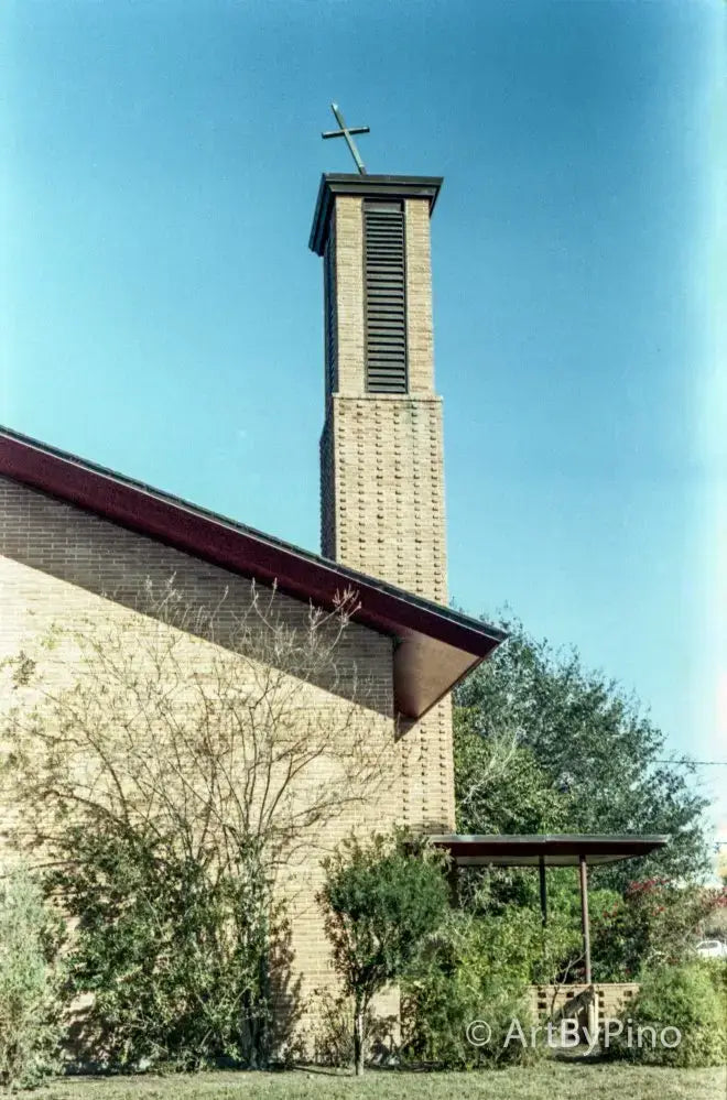 Tall beige brick church tower in Epson V600 scan, view fullsize