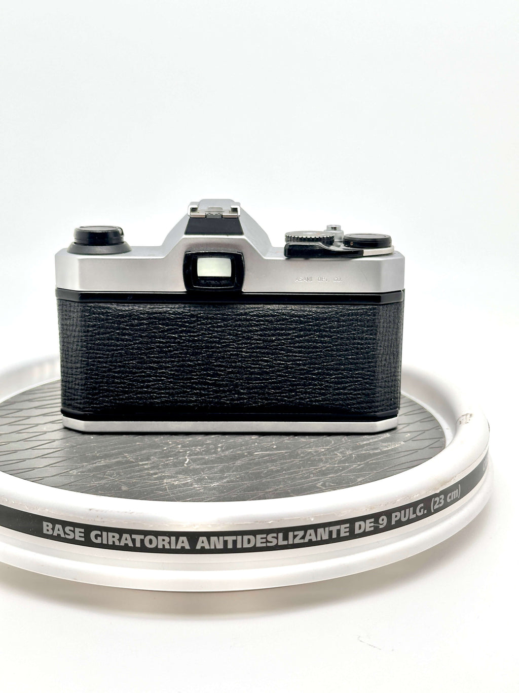 Back view of a used Japanese Asahi Pentax K1000 35mm film camera, showing its classic design and features.