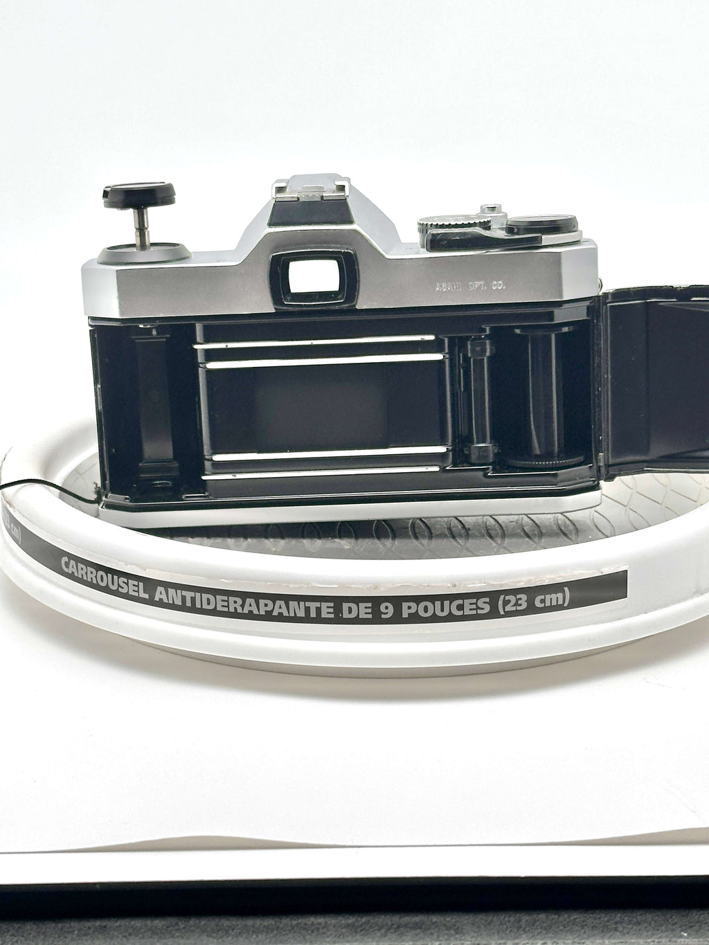 Interior view of the Japanese Asahi Pentax K1000 film camera showcasing its classic mechanics.