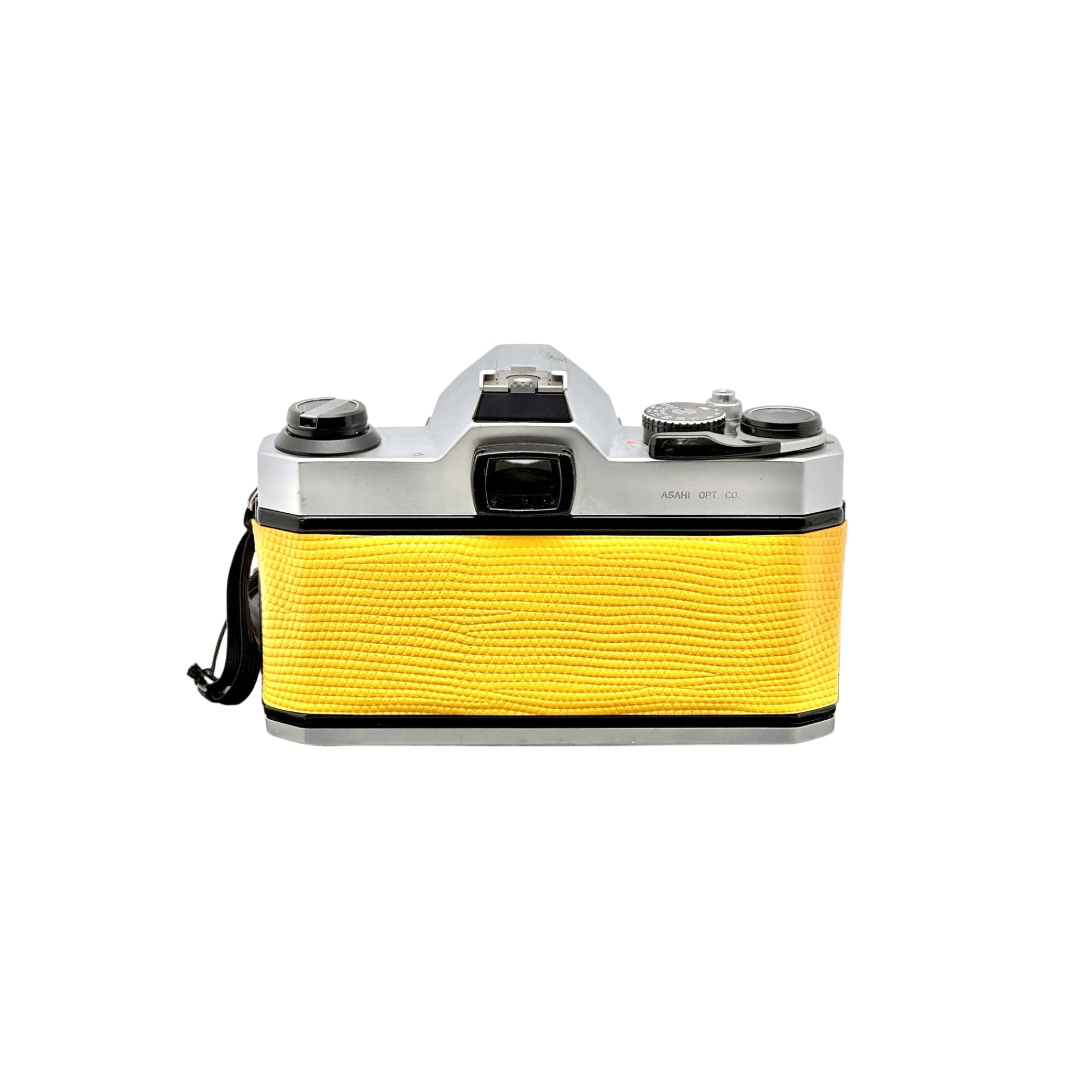 A vibrant yellow textured leather body with silver metal accents, featuring a classic camera design.