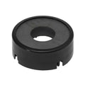 Black circular plastic component with a central hole and notched edges.