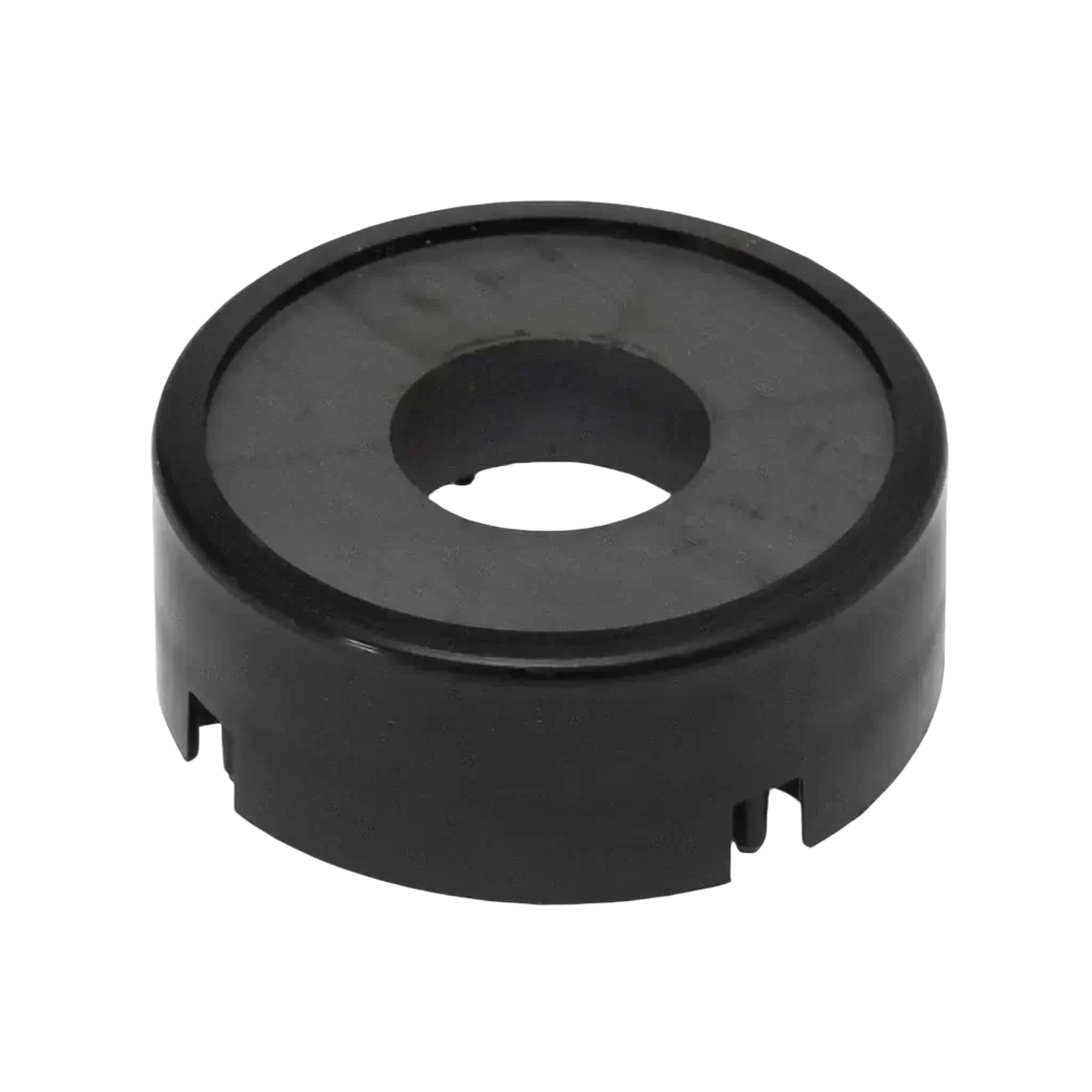Black circular plastic component with a central hole and notched edges.