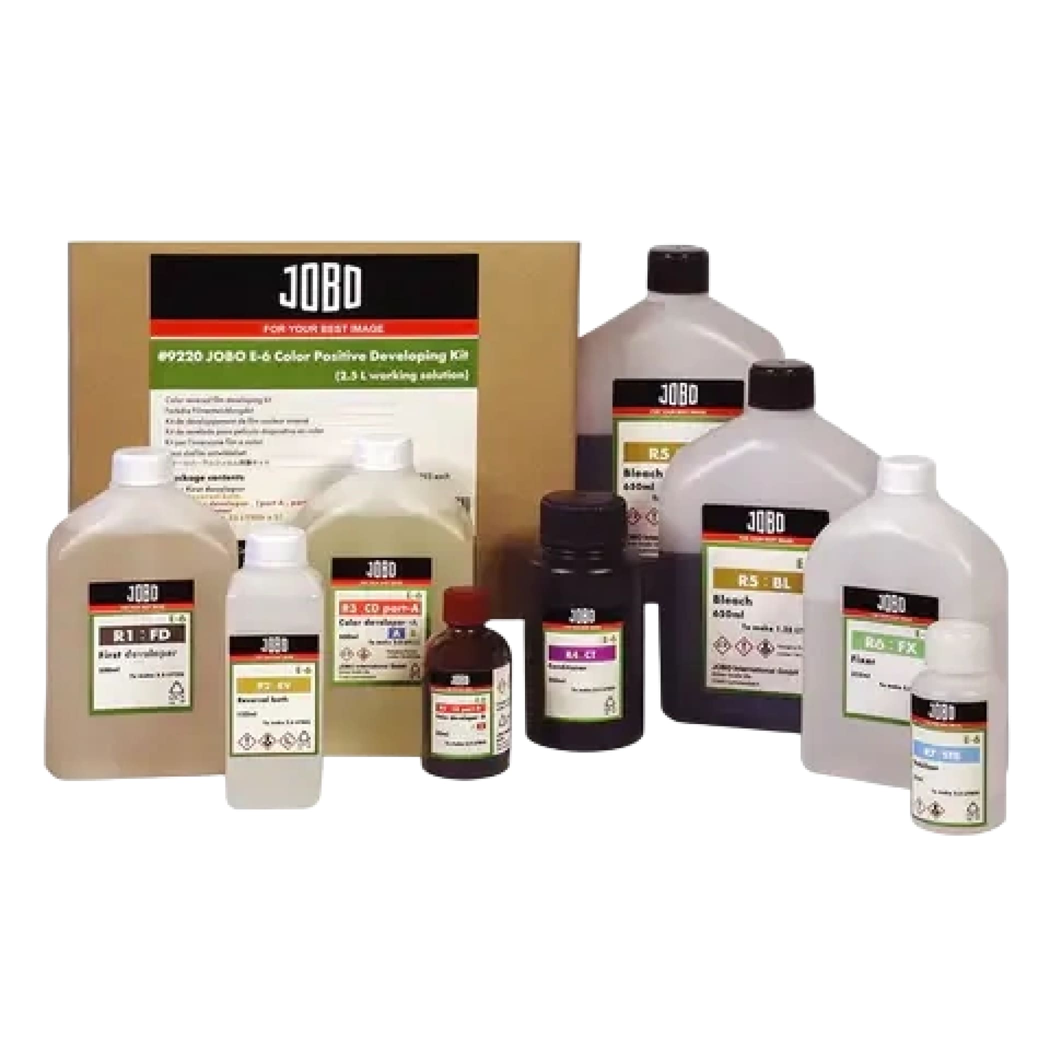Jobo #9220 e-6 color positive developing kit, featuring a variety of bottles with labeled solutions in clear and dark containers.