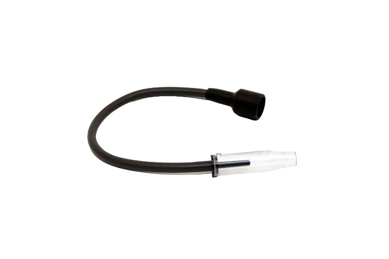 Black rubber tubing with a clear plastic connector and black cap end