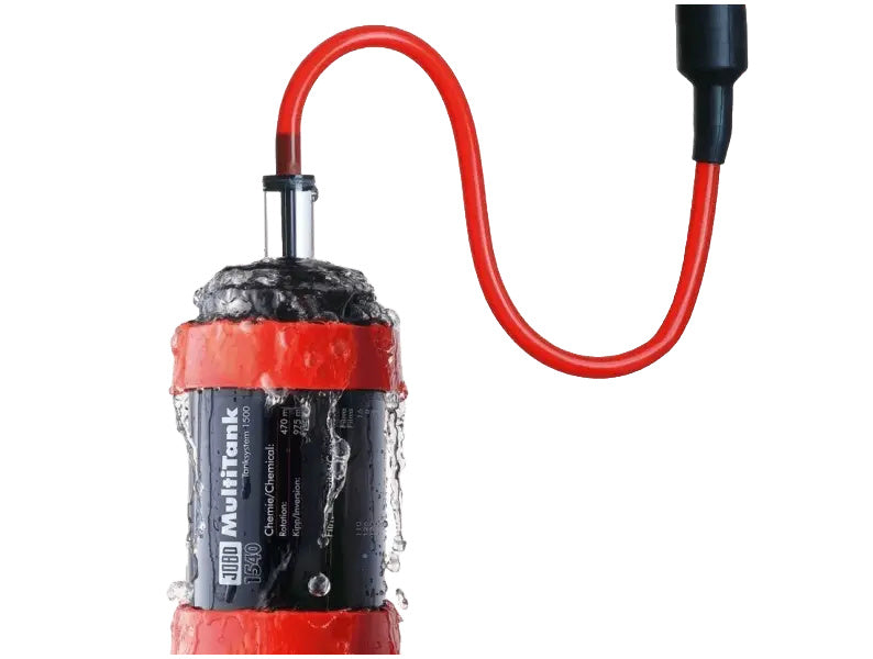 Red and black jibo multitank 3000 chemical pump with a flexible red hose.