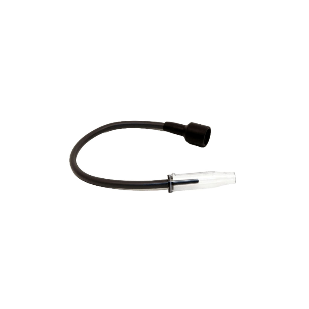 Black rubber tubing with a clear plastic connector and black cap end