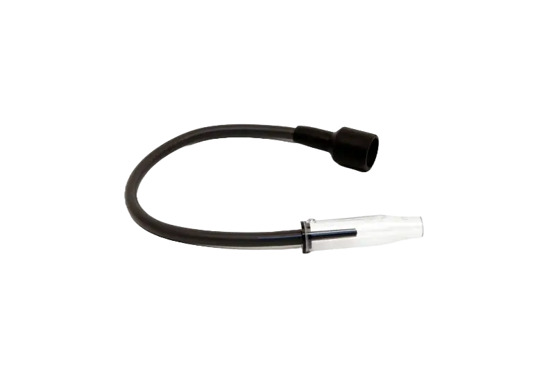 Black rubber tubing with a clear plastic connector and black cap end