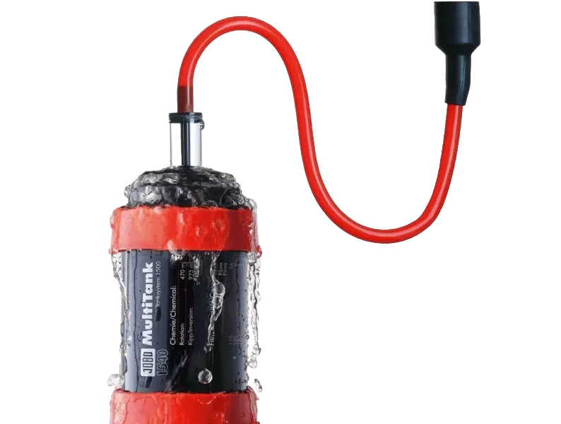 Red and black jibo multitank 3000 chemical pump with a flexible red hose.
