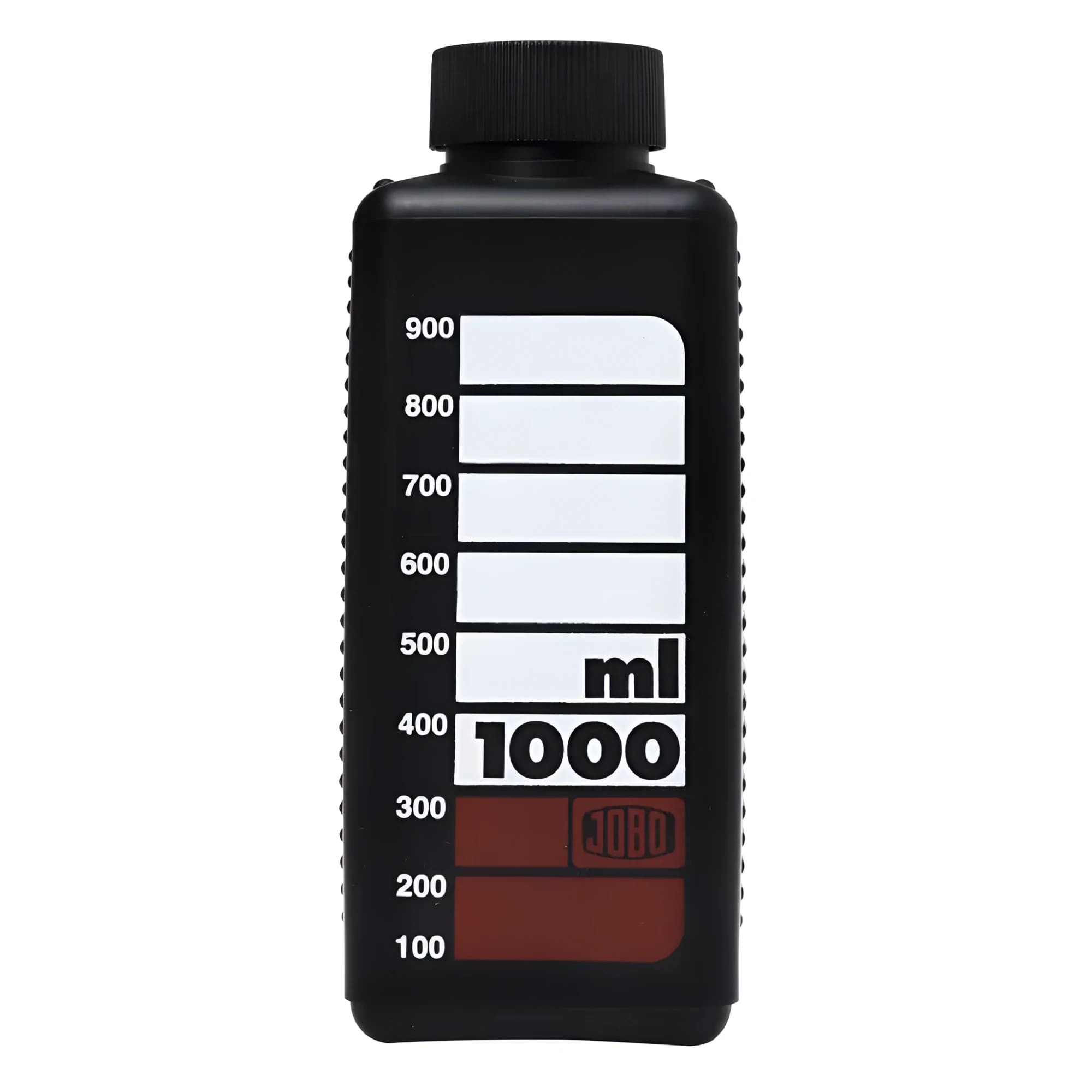 Black plastic graduated bottle with a ribbed cap and white measurement markings up to 1000 ml.