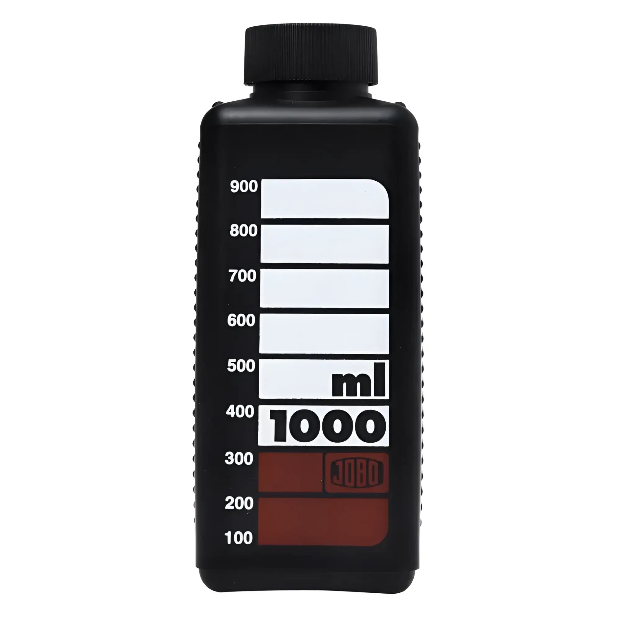 Black plastic graduated bottle with a ribbed cap and white measurement markings up to 1000 ml.