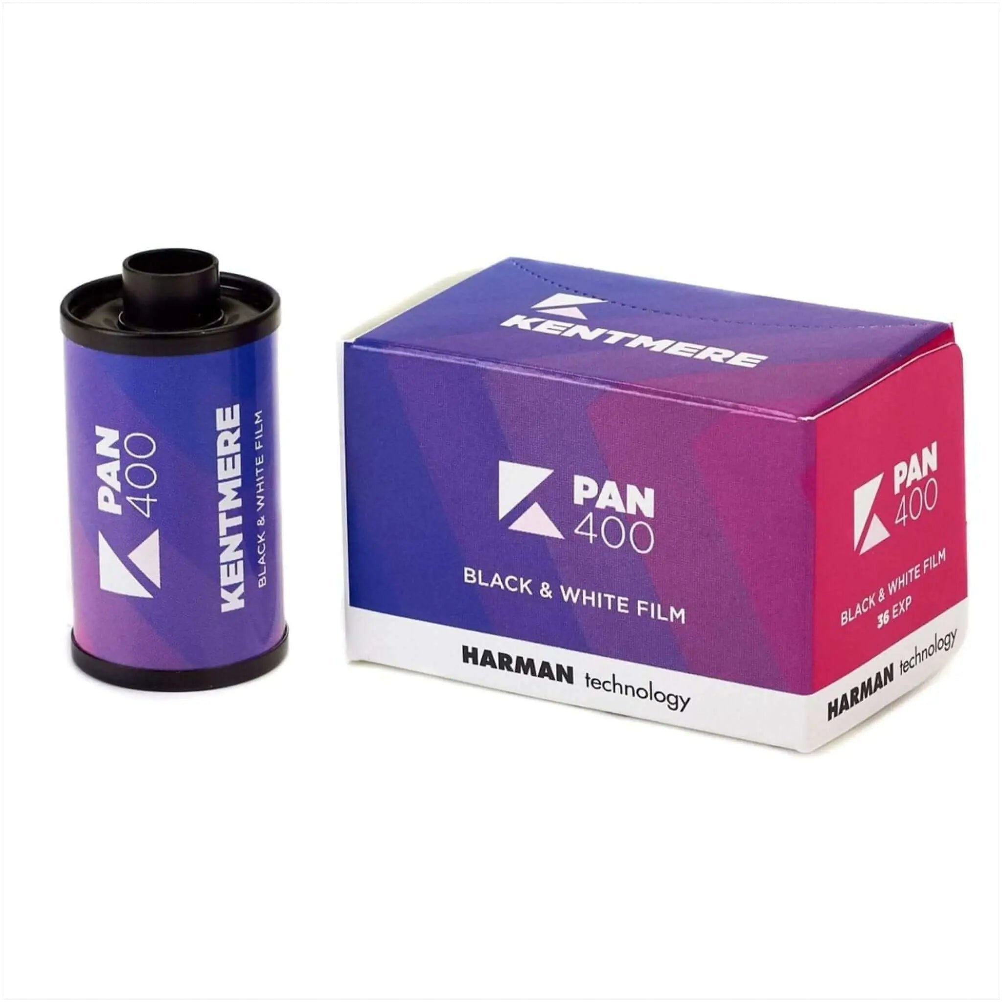 Purple and black kentmere pan 400 black & white film roll next to its matching gradient packaging.