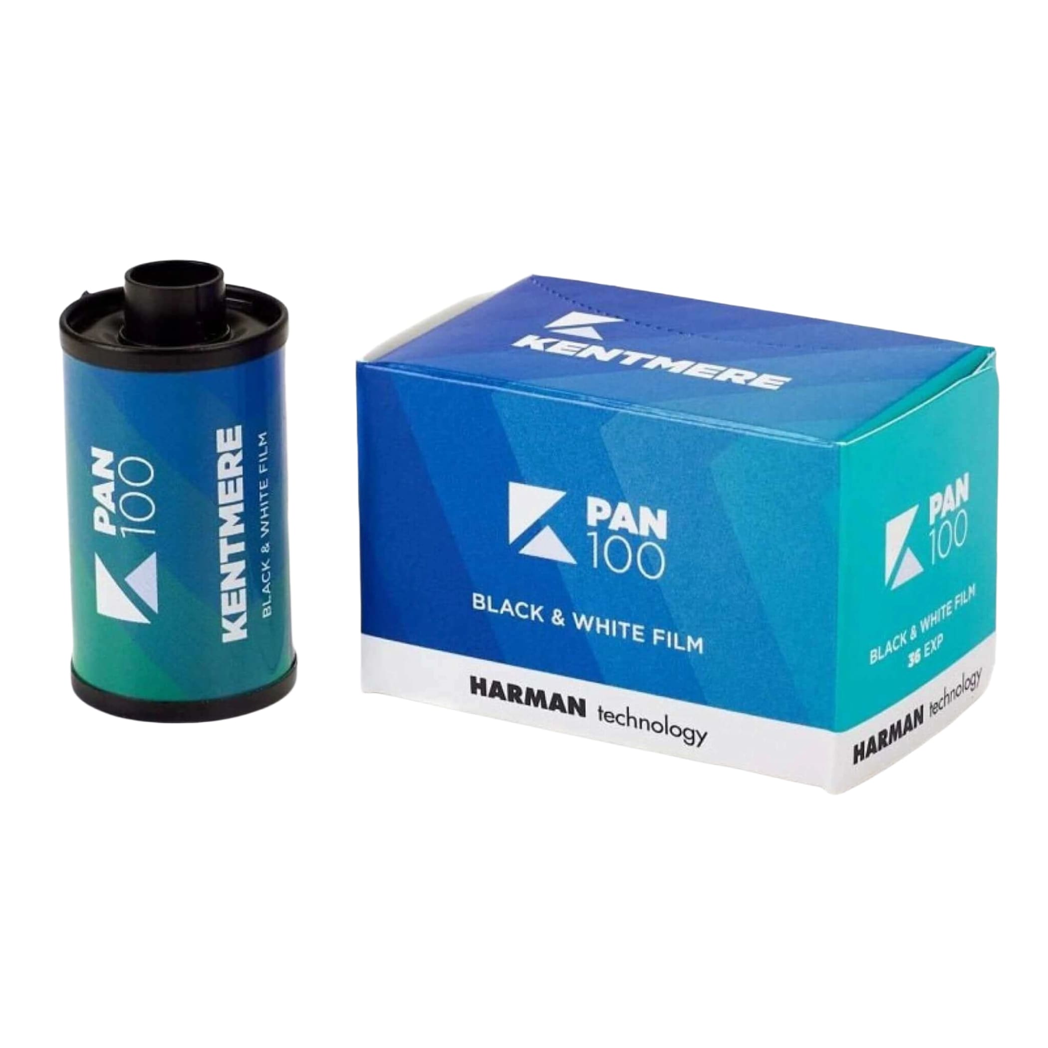 Blue and teal gradient-colored kentmere pan 100 black & white film canister with a black cap, displayed next to its matching box.