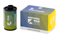 Kentmere Pan 200 BW 35mm film with packaging, ideal for classic monochrome photography.