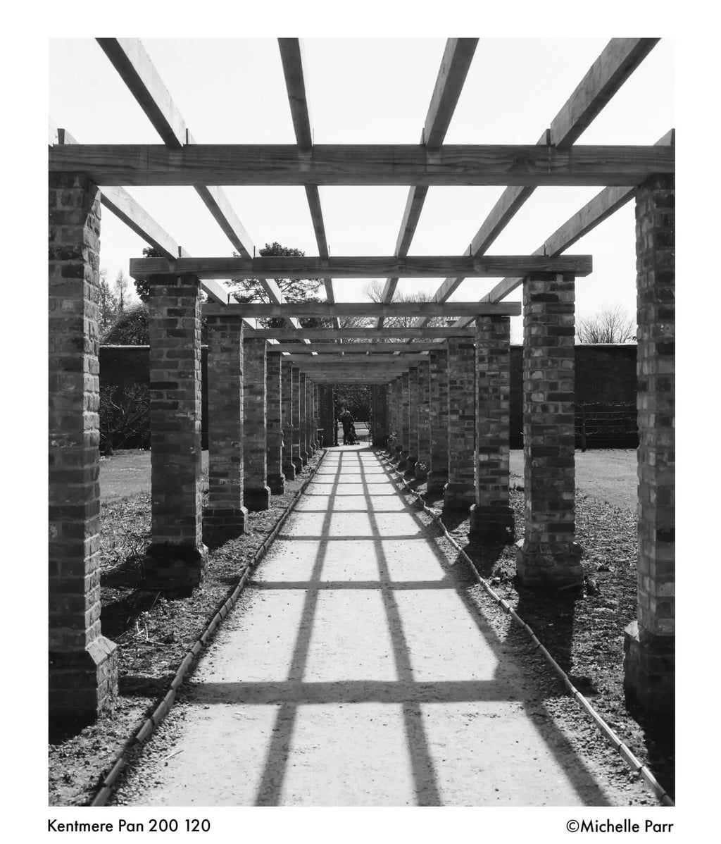 Brick and wood pergola with repeating arches casting geometric shadows across a paved pathway.