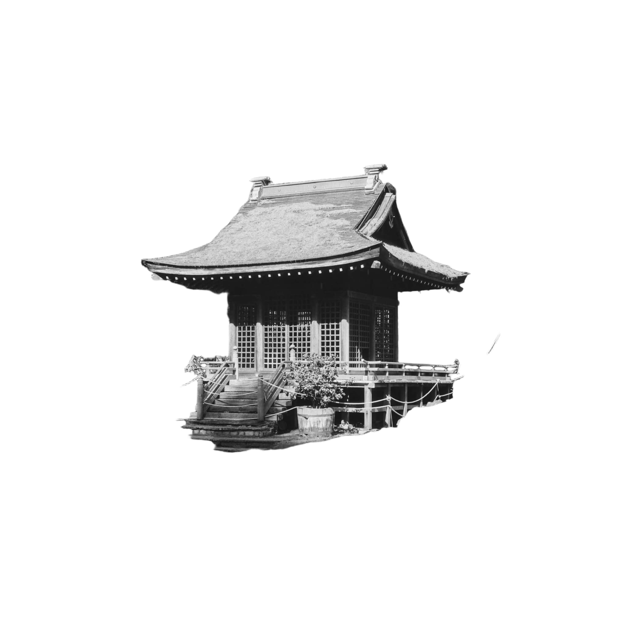 Traditional japanese pavilion with a curved, tiled roof and wooden lattice windows.