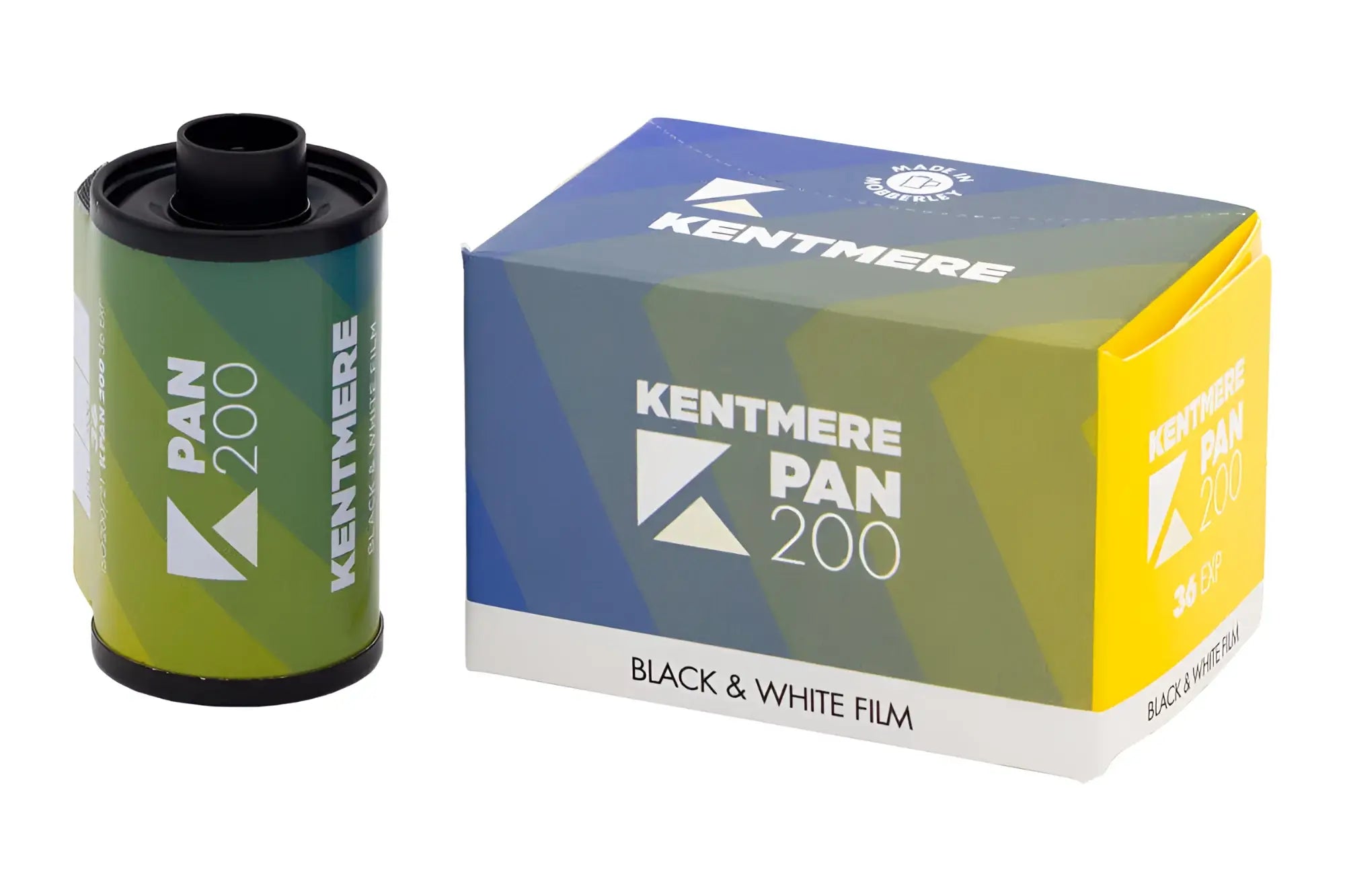 Kentmere pan 200 black and white film roll in a green, blue, and yellow box.