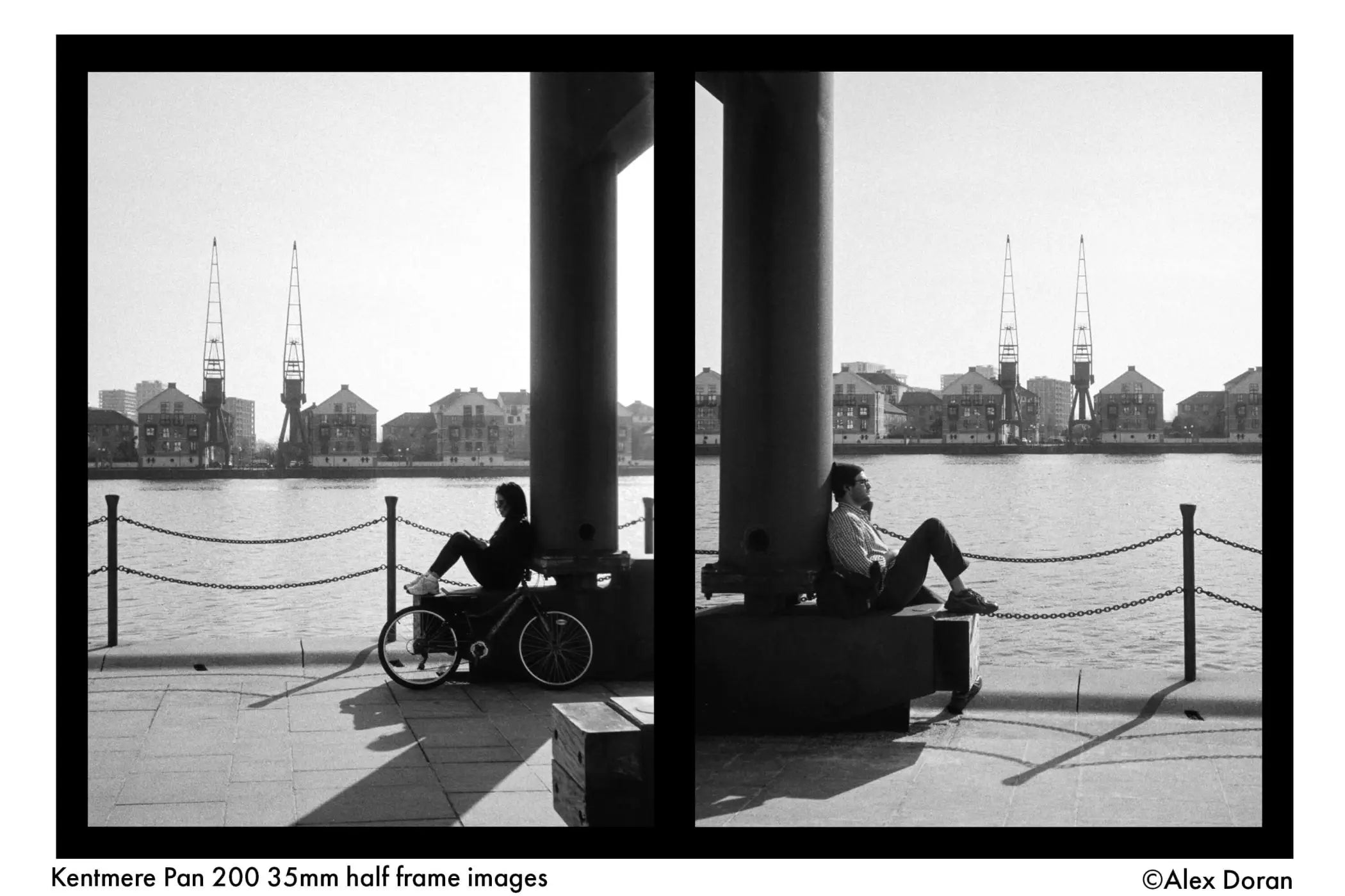 The image is a black and white diptych photograph featuring two individuals seated on stone benches beside a waterfront, with industrial cranes visible in the background.