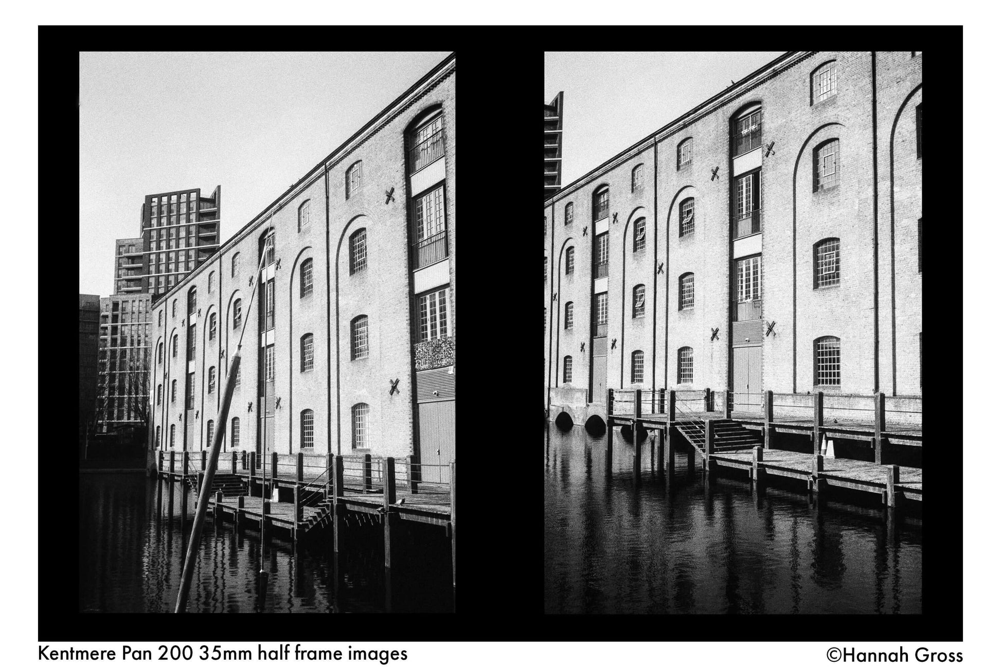 Two black and white half-frame photos of a building captured on Kentmere Pan 200 35mm film.