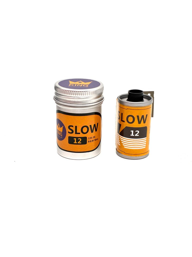 King Film Slow 12 black and white 35mm film cassette and aluminum tin, 135-36