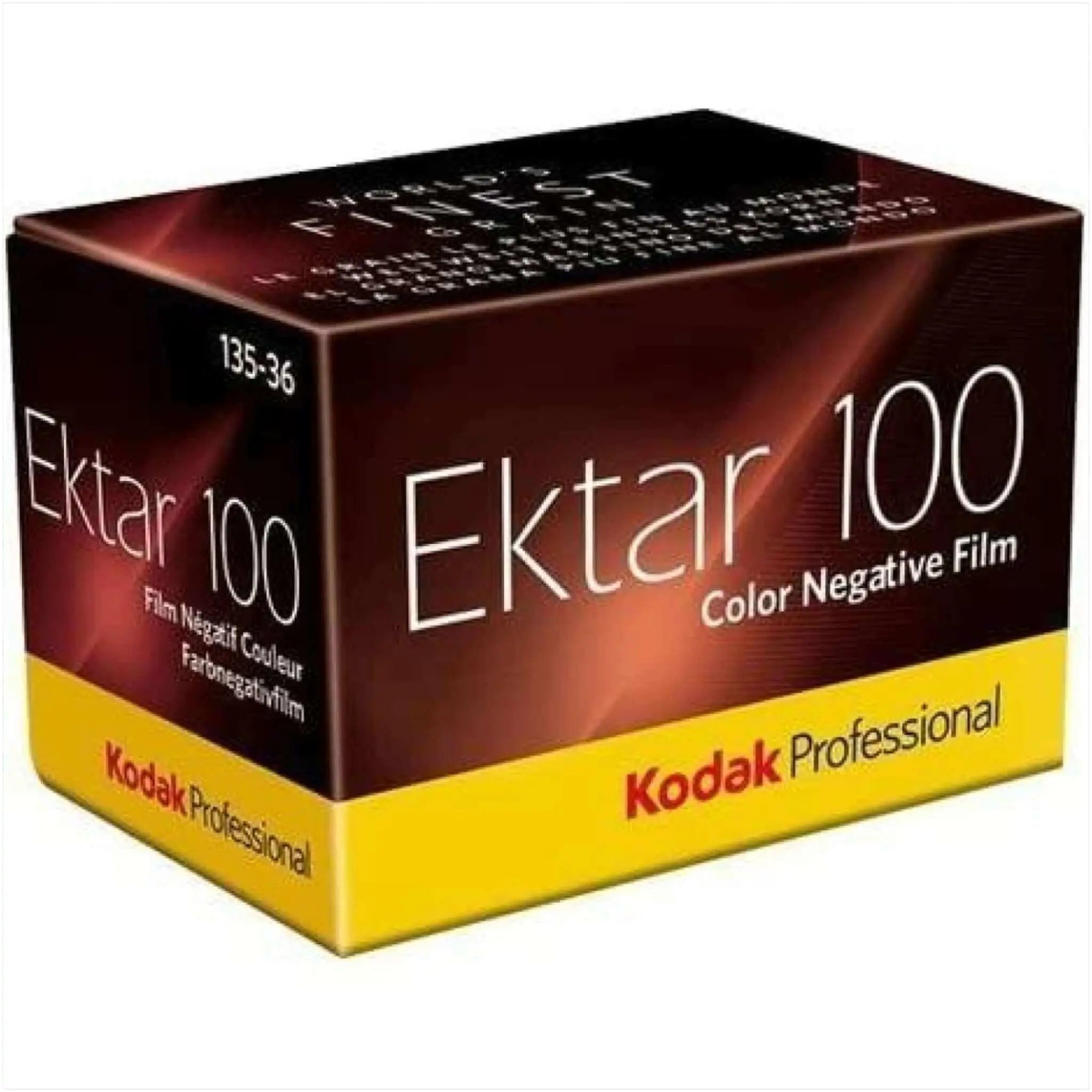 Kodak professional ekta 100 color negative film in a dark red and yellow box.
