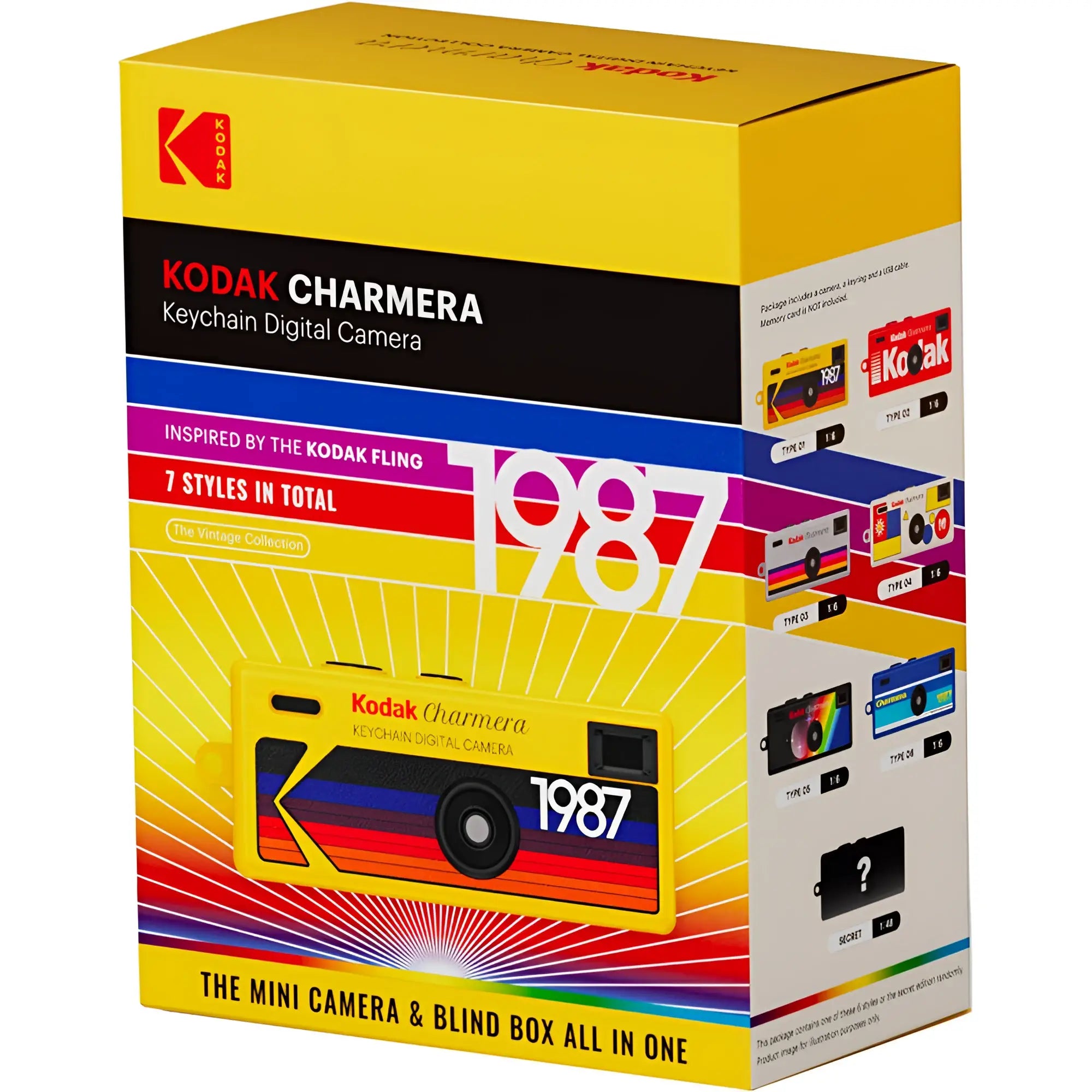 Kodak charmera keychain digital camera in vibrant yellow, red, and blue with a retro 1987 design.