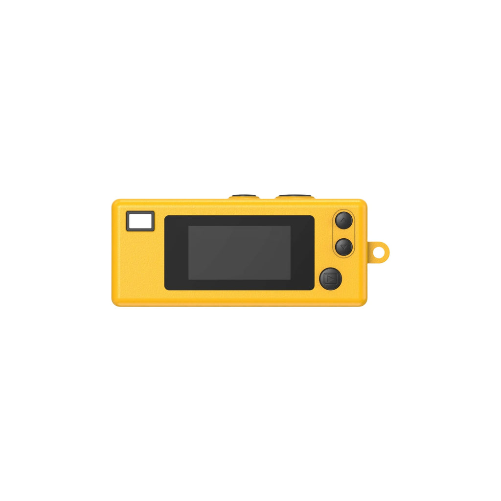 Bright yellow handheld digital camera with a black screen, three circular buttons on the right side, and a small loop for attachment.