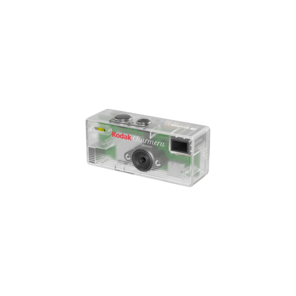 Clear plastic kodak charmera instant camera with green internal components and black lens.