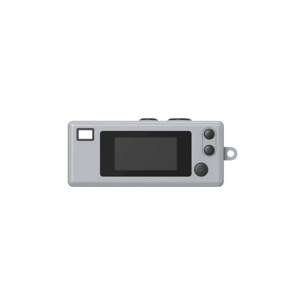 Gray rectangular digital camera with a black screen, three circular buttons on the right side, and a small square window to its left.