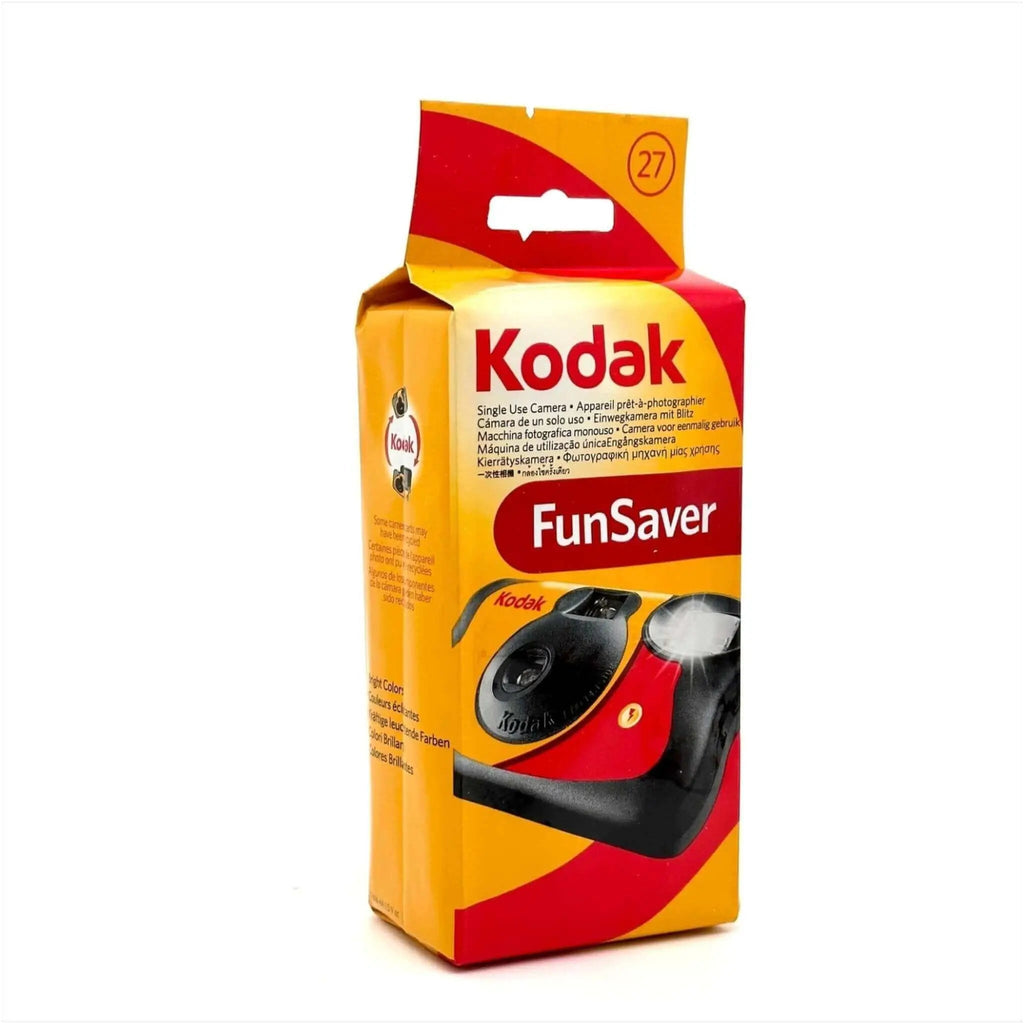 Kodak funsaver single-use camera in red and black plastic with a yellow packaging.